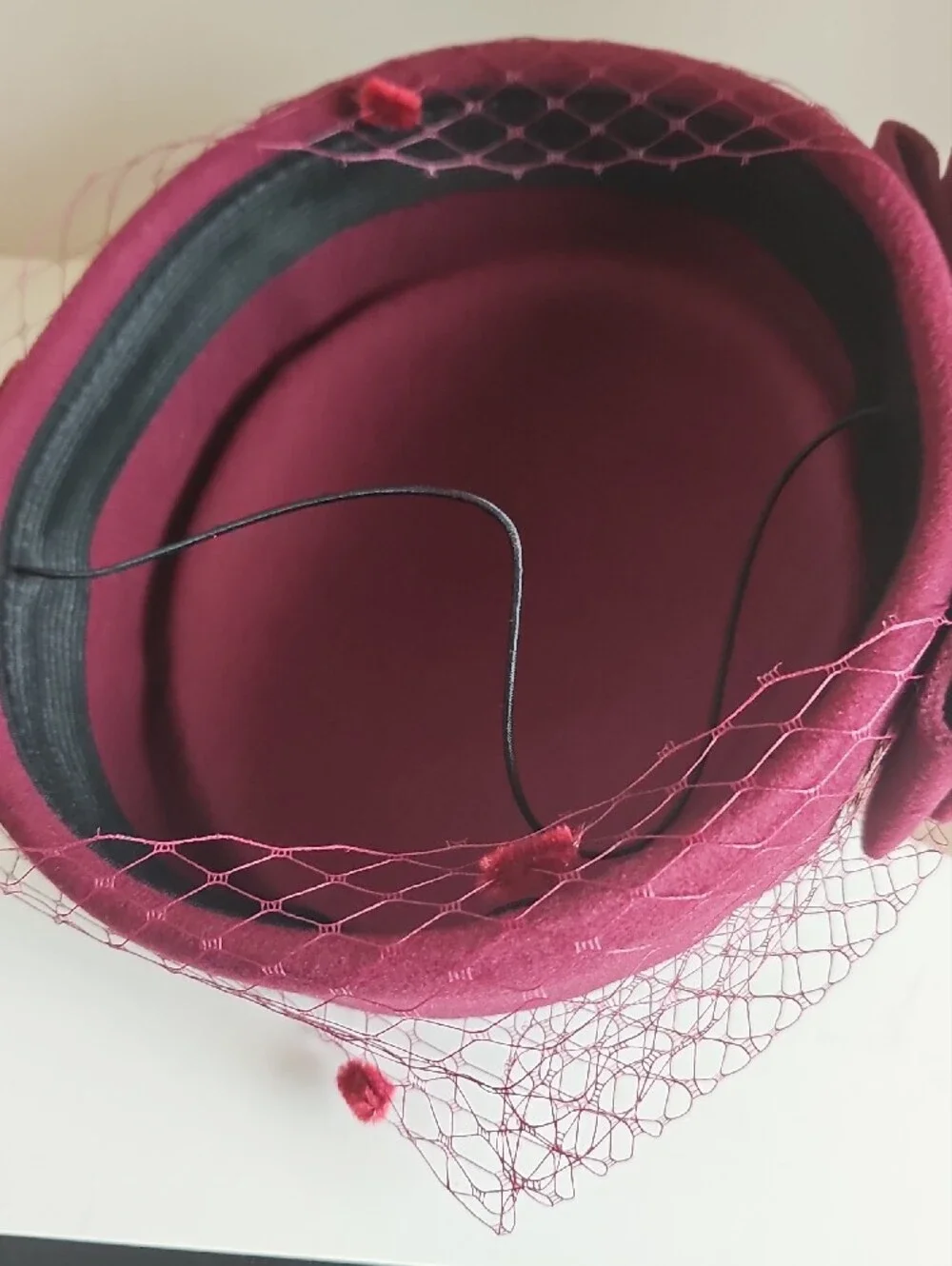 Beloved Millinery Beautiful Burgundy Dotted Veil British Style Pillbox Hat w/Bow